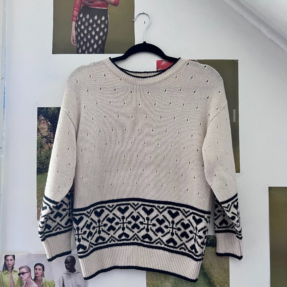 Vintage Ivory White and Black Heart Print Silk Acrylic Sweater Top